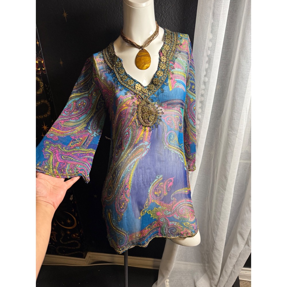 Dimri Blue Paisley Beaded Coin Tunic Top Sheer Boho Festival Cover Up Small